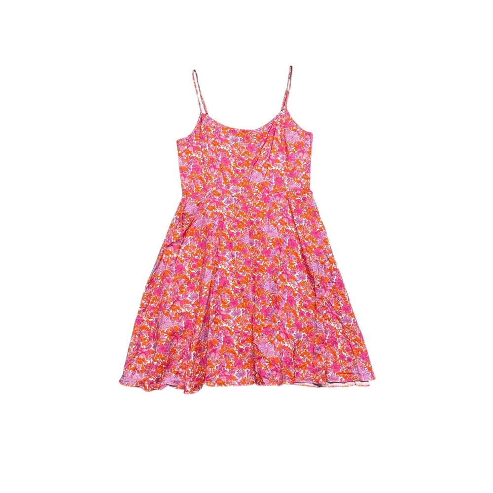Tuckernuck Miami Iris Dress Linen Floral Sz L Pink Orange Mini Fit Flare Pockets